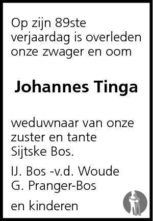 Overlijdensbericht van Johannes Tinga in Leeuwarder Courant