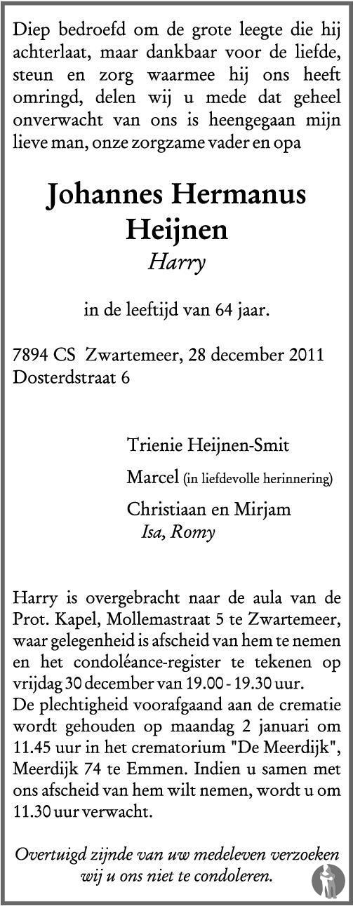 Johannes Hermanus (Harry) Heijnen 28122011 overlijdensbericht en