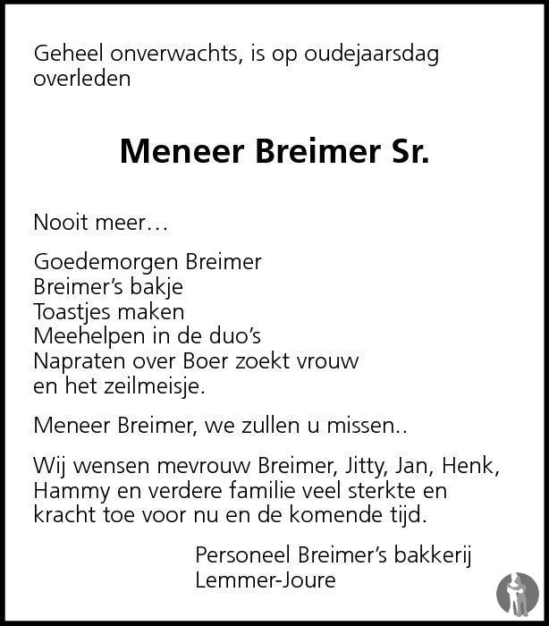 Overlijdensbericht van Hendrik Breimer in Leeuwarder Courant