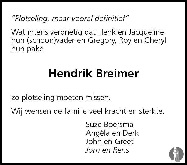Overlijdensbericht van Hendrik Breimer in Zuid-Friesland