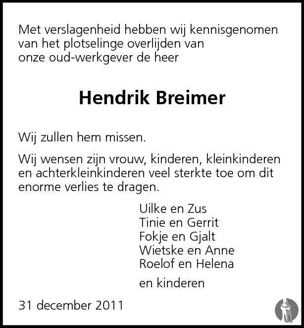 Overlijdensbericht van Hendrik Breimer in Zuid-Friesland