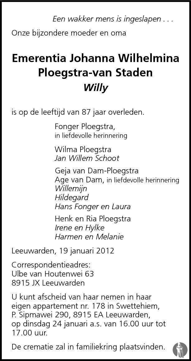 Emerentia Johanna Wilhelmina (Willy) Ploegstra van Staden 19012012