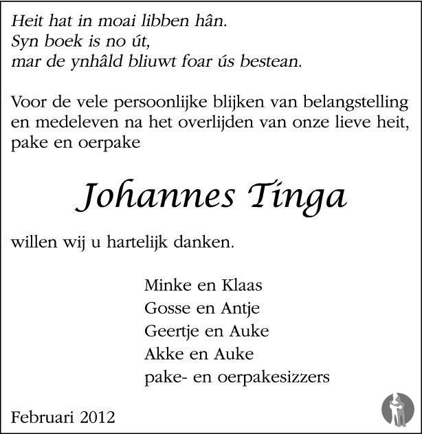 Overlijdensbericht van Johannes Tinga in Leeuwarder Courant