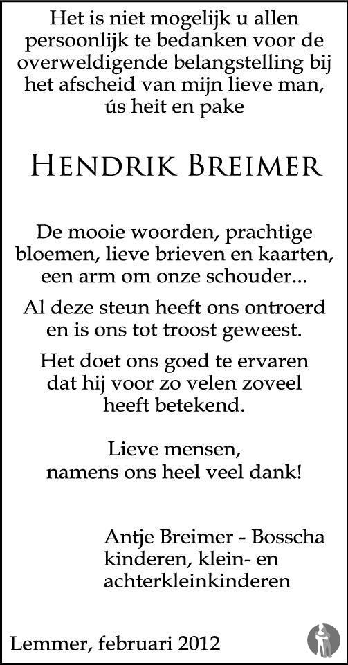 Overlijdensbericht van Hendrik Breimer in Zuidoost-Friesland Combinatie