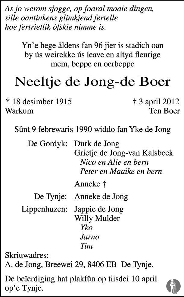 Neeltje de Jong - de Boer 03-04-2012 overlijdensbericht en condoleances ...