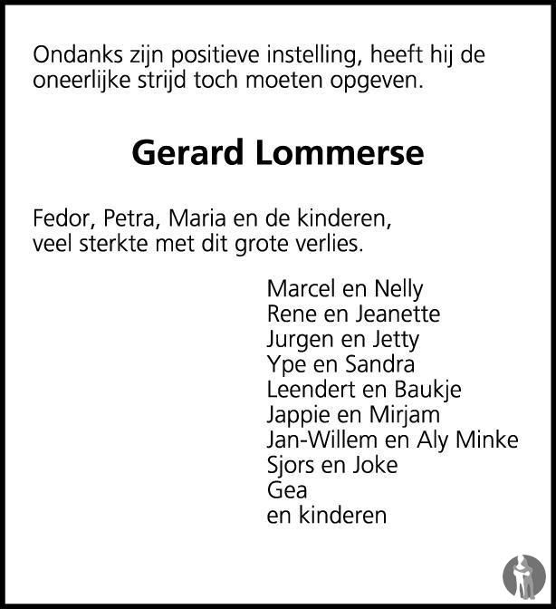 Gerardus Theodorus Johannes Gerard Lommerse Overlijdensbericht En Condoleances