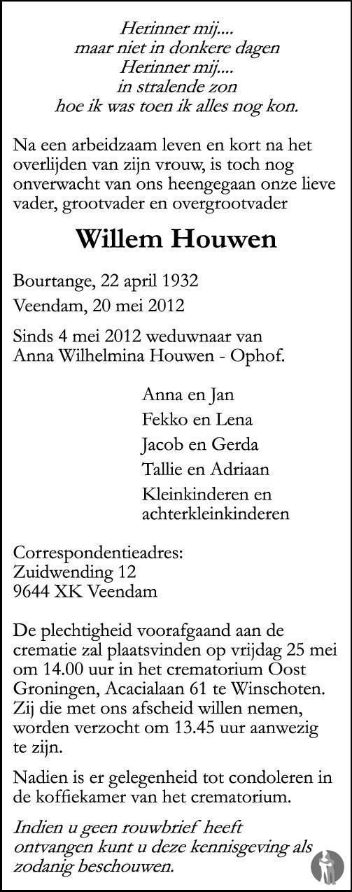 Willem Houwen 20-05-2012 overlijdensbericht en condoleances - Mensenlinq.nl