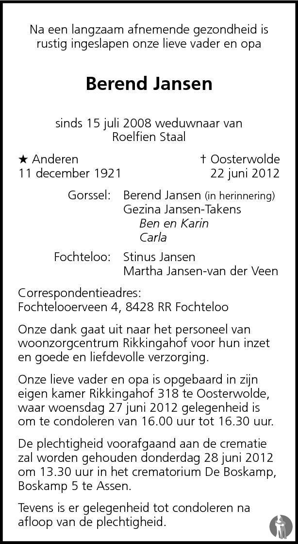 Berend Jansen 22-06-2012 overlijdensbericht en condoleances - Mensenlinq.nl