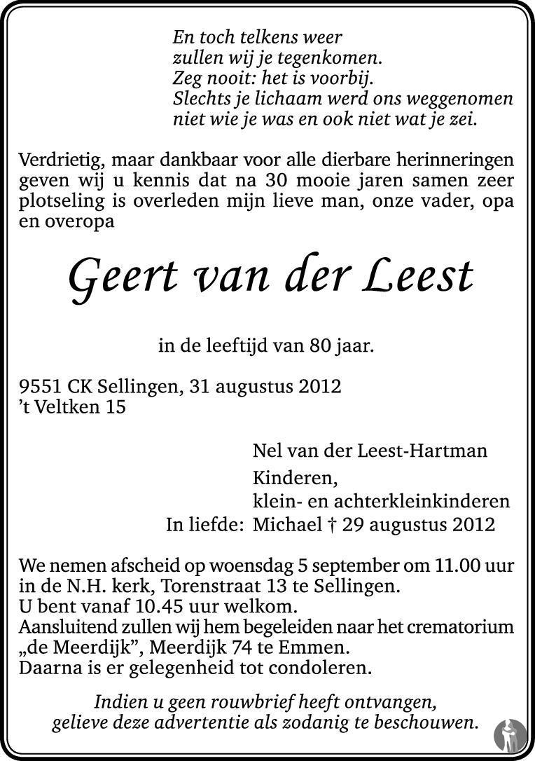 Geert van der Leest 31-08-2012 overlijdensbericht en condoleances ...