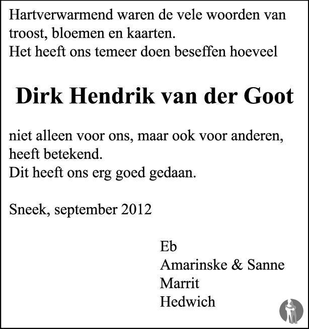 Dirk Hendrik van der Goot 24-07-2012 overlijdensbericht en condoleances ...