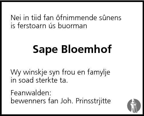 Overlijdensbericht van Sape Bloemhof in Leeuwarder Courant