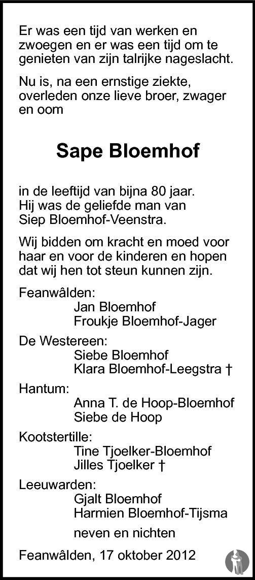 Overlijdensbericht van Sape Bloemhof in Leeuwarder Courant