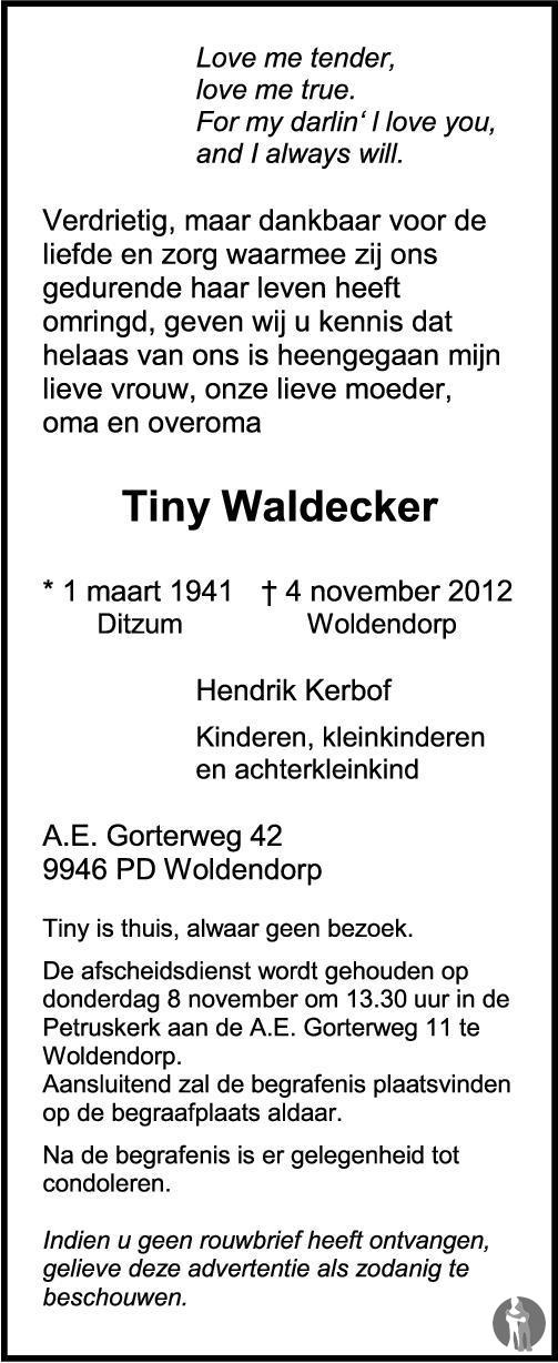 Tiny Waldecker 04112012 overlijdensbericht en condoleances