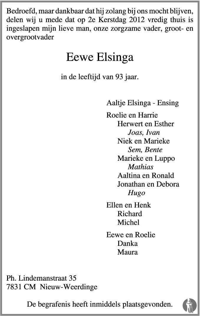 Eewe Elsinga 26-12-2012 overlijdensbericht en condoleances - Mensenlinq.nl