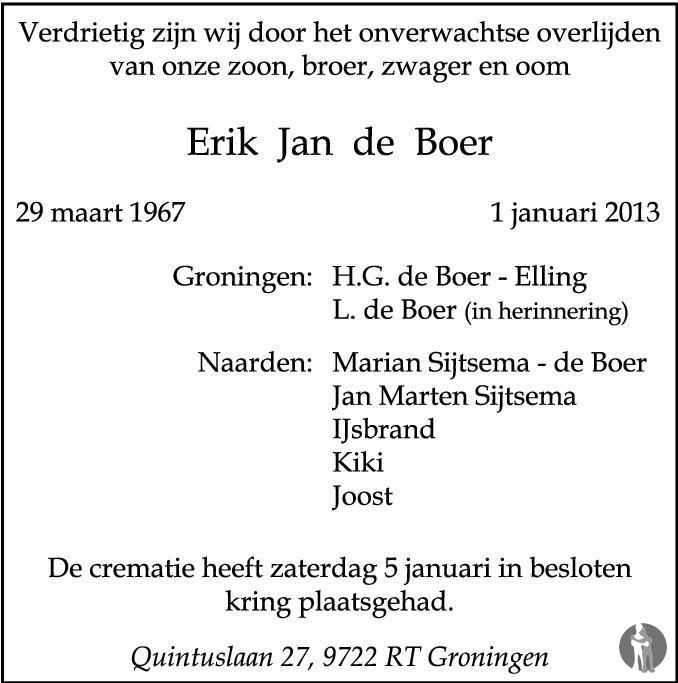 Erik Jan de Boer 01012013 overlijdensbericht en condoleances