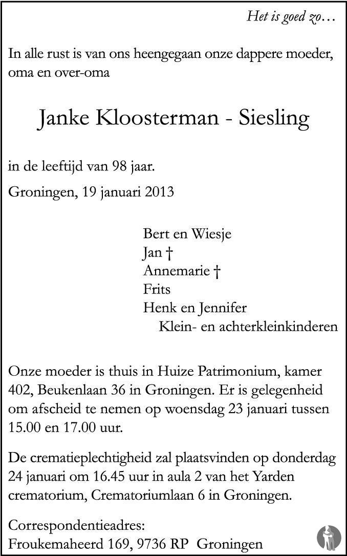 Janke Kloosterman - Siesling 19-01-2013 overlijdensbericht en ...