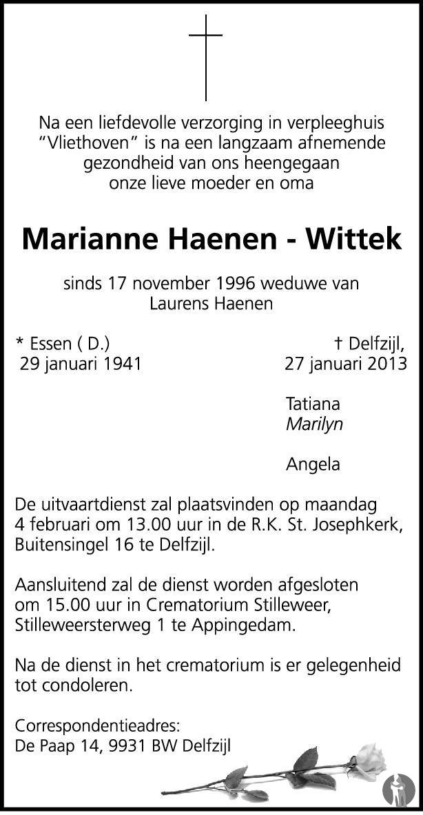 Marianne Haenen Wittek 27012013 overlijdensbericht en condoleances