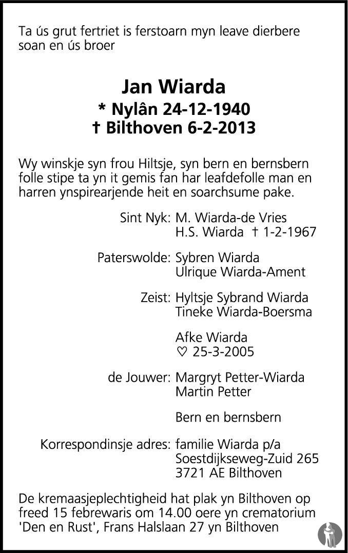 Jan Wiarda 06022013 overlijdensbericht en condoleances Mensenlinq.nl
