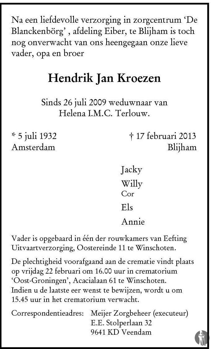 Hendrik Jan Kroezen 17-02-2013 overlijdensbericht en condoleances ...