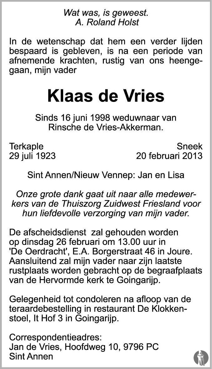 Klaas de Vries 20-02-2013 overlijdensbericht en condoleances ...