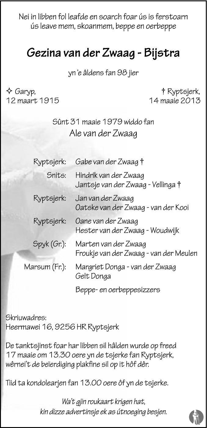 Gezina Van Der Zwaag Gezina van der Zwaag - Bijstra 14-05-2013 overlijdensbericht en