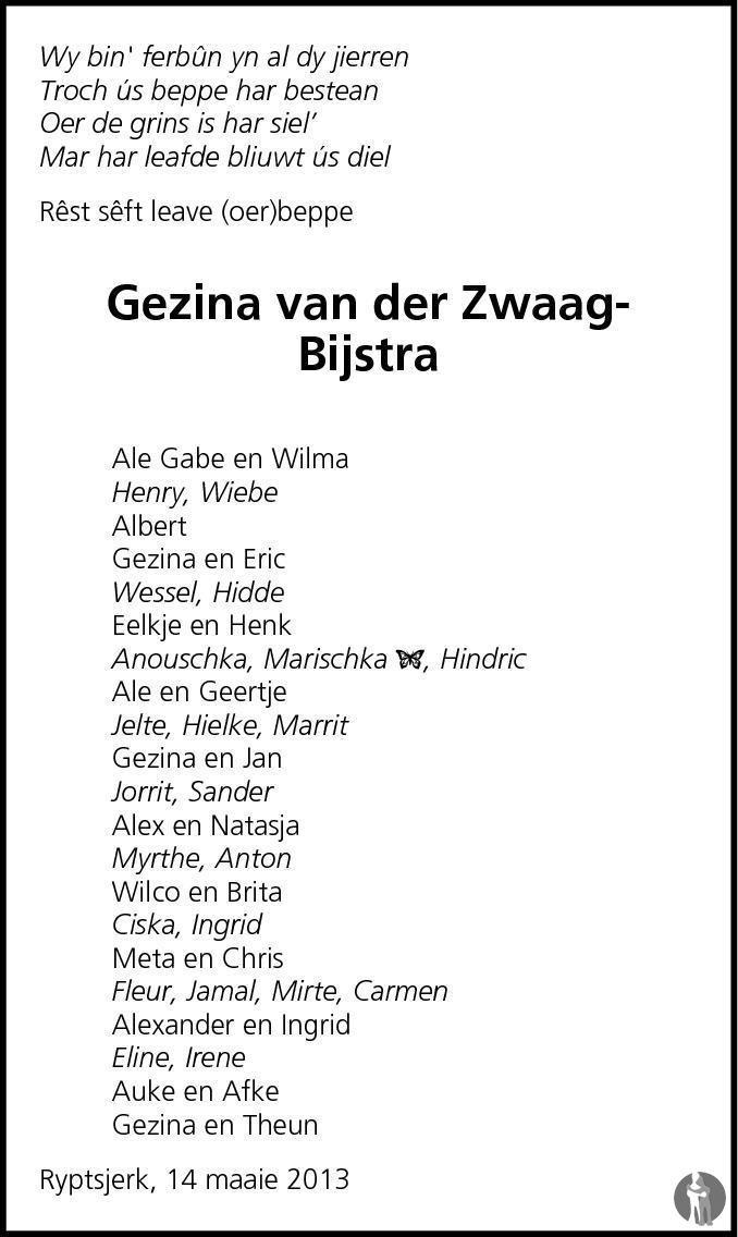 Gezina Van Der Zwaag Gezina van der Zwaag - Bijstra 14-05-2013 overlijdensbericht en