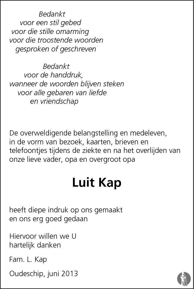 Overlijdensbericht van Luit Kap in Eemsbode/Noorderkrant