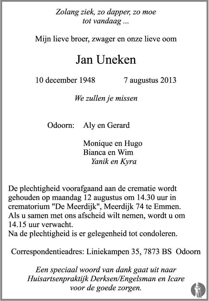 Jan Uneken 07082013 overlijdensbericht en condoleances Mensenlinq.nl