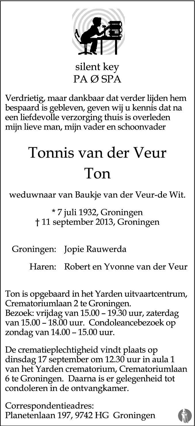 Tonnis (Ton) van der Veur 11092013 overlijdensbericht en condoleances