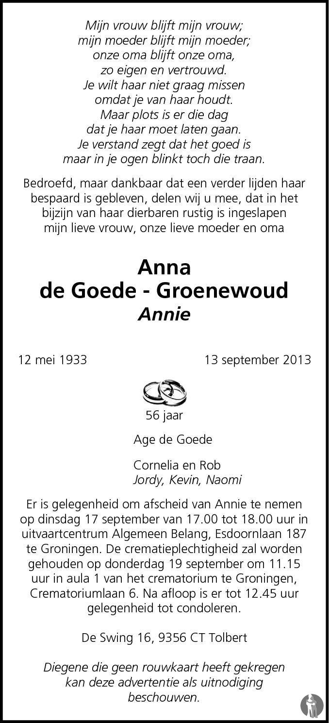 Anna (Annie) de Goede - Groenewoud 13-09-2013 overlijdensbericht en ...