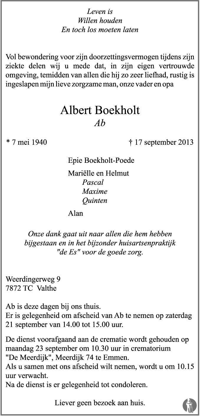 Albert (Ab) Boekholt 17092013 overlijdensbericht en condoleances