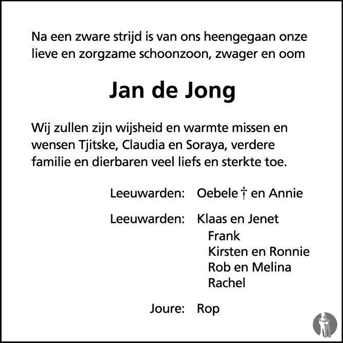 Overlijdensbericht van Jan Doede de Jong in Leeuwarder Courant