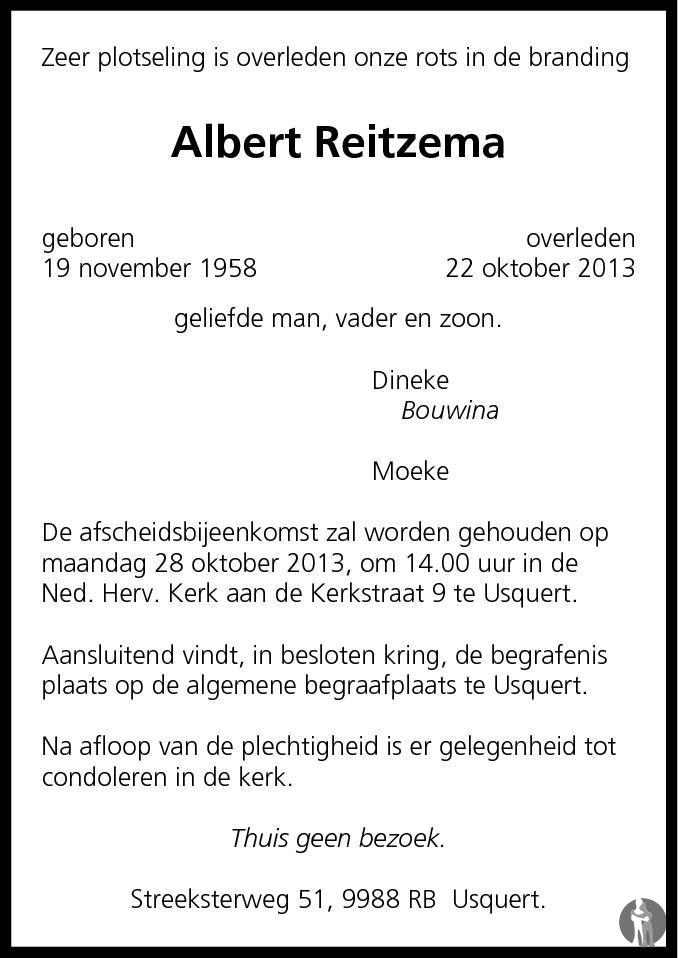 Albert Reitzema 22-10-2013 overlijdensbericht en condoleances ...