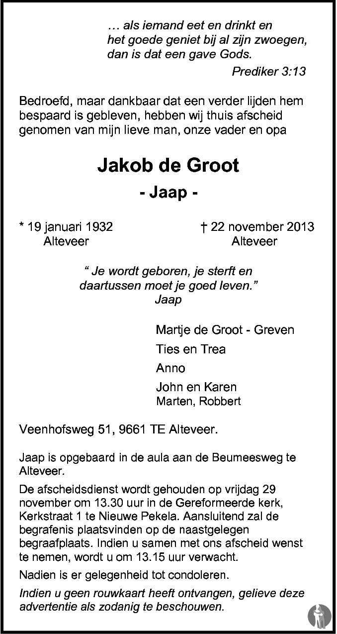 Jakob (jaap) De Groot 22-11-2013 Overlijdensbericht En Condoleances 