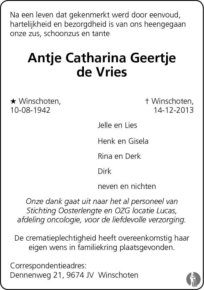 Antje Catharina Geertje De Vries Overlijdensbericht En Condoleances Mensenlinq Nl