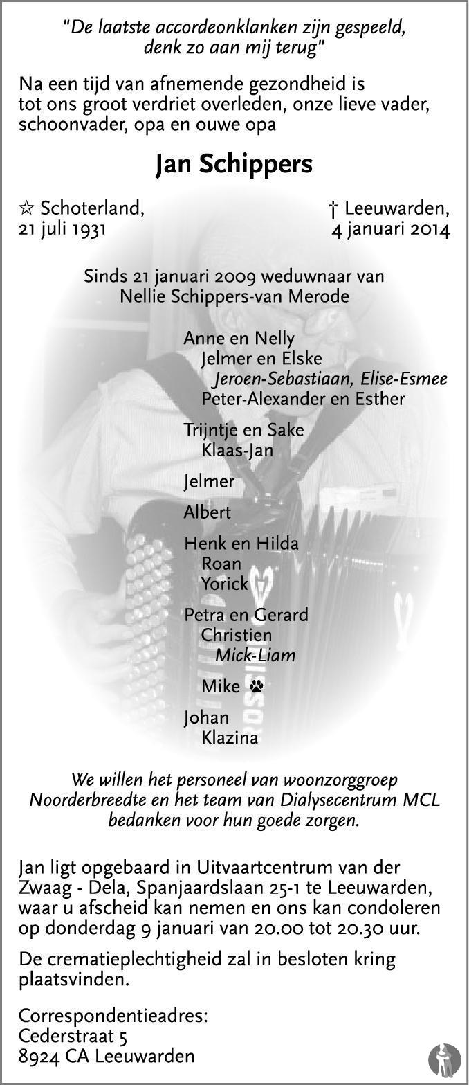 Jan Schippers 04012014 overlijdensbericht en condoleances Mensenlinq.nl