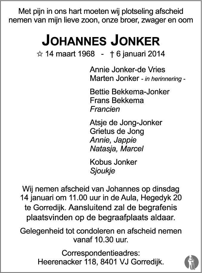 Johannes Jonker 06012014 overlijdensbericht en condoleances