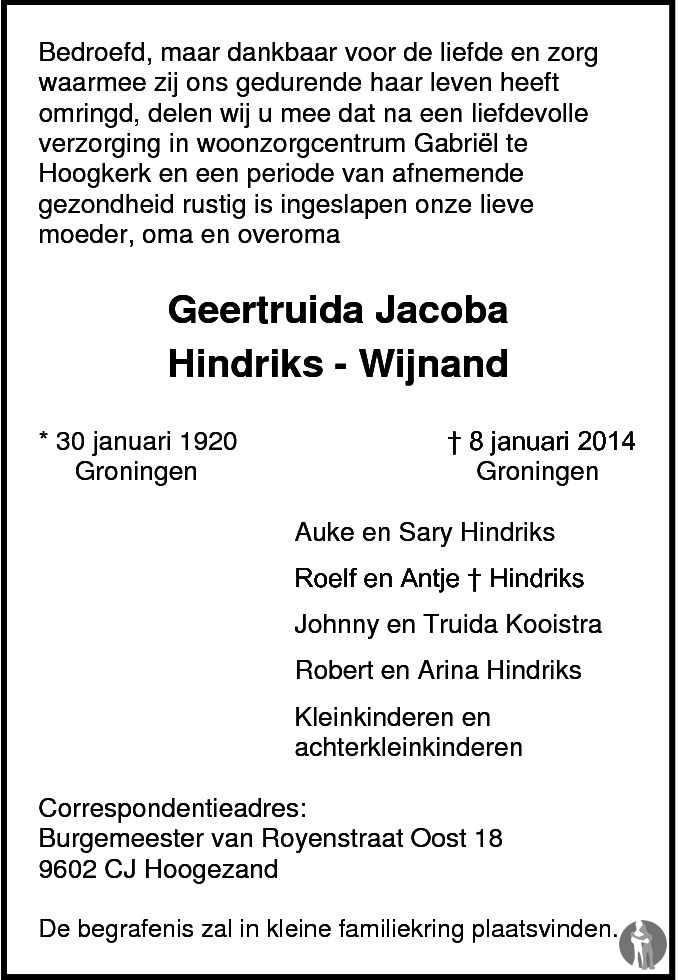 Geertruida Jacoba Hindriks Wijnand 08012014 overlijdensbericht en condoleances Mensenlinq.nl Geertruida Jacoba Hindriks Wijnand 08012014 overlijdensbericht en condoleances Mensenlinq.nl