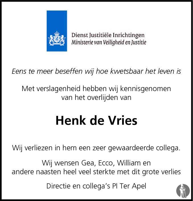Henk de Vries 23012014 overlijdensbericht en condoleances Mensenlinq.nl Henk de Vries 23012014 overlijdensbericht en condoleances Mensenlinq.nl