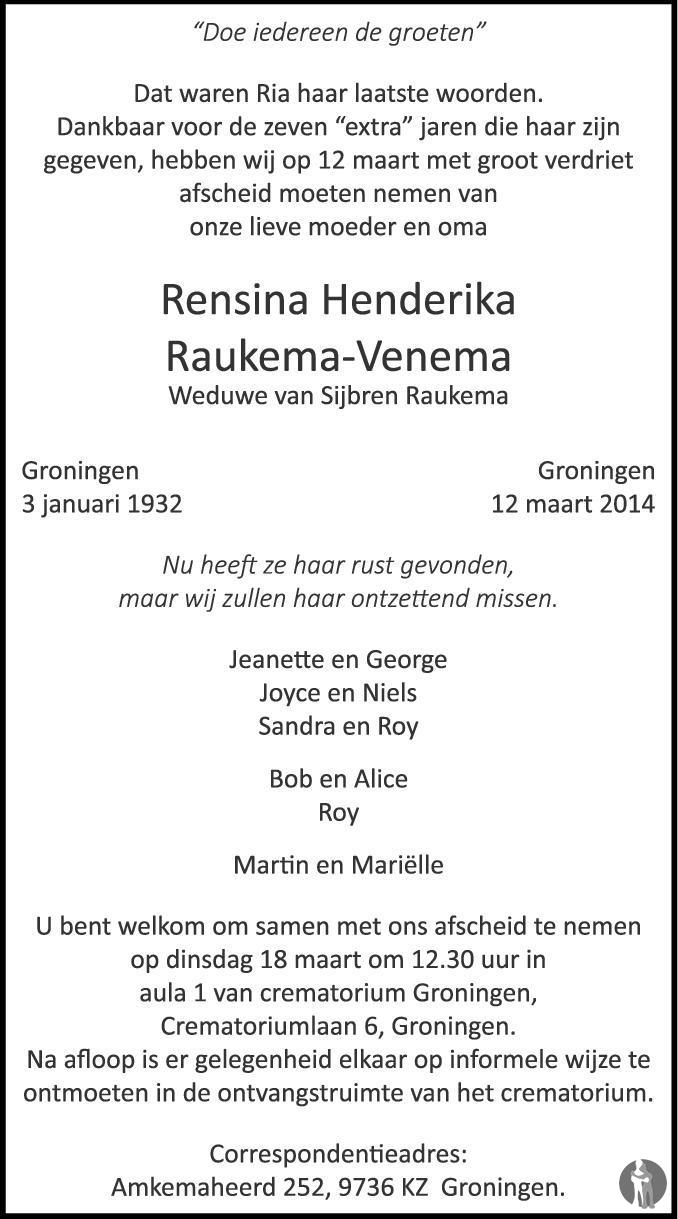 Rensina Henderika Raukema - Venema 12-03-2014 overlijdensbericht en ...