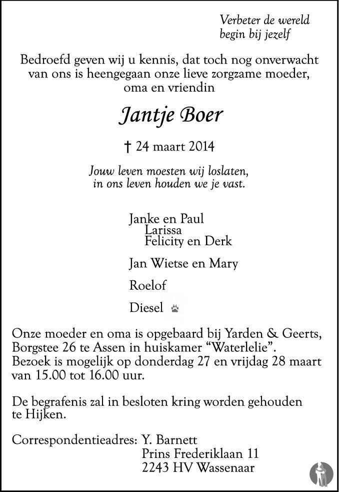 Jantje Boer 24-03-2014 overlijdensbericht en condoleances - Mensenlinq.nl