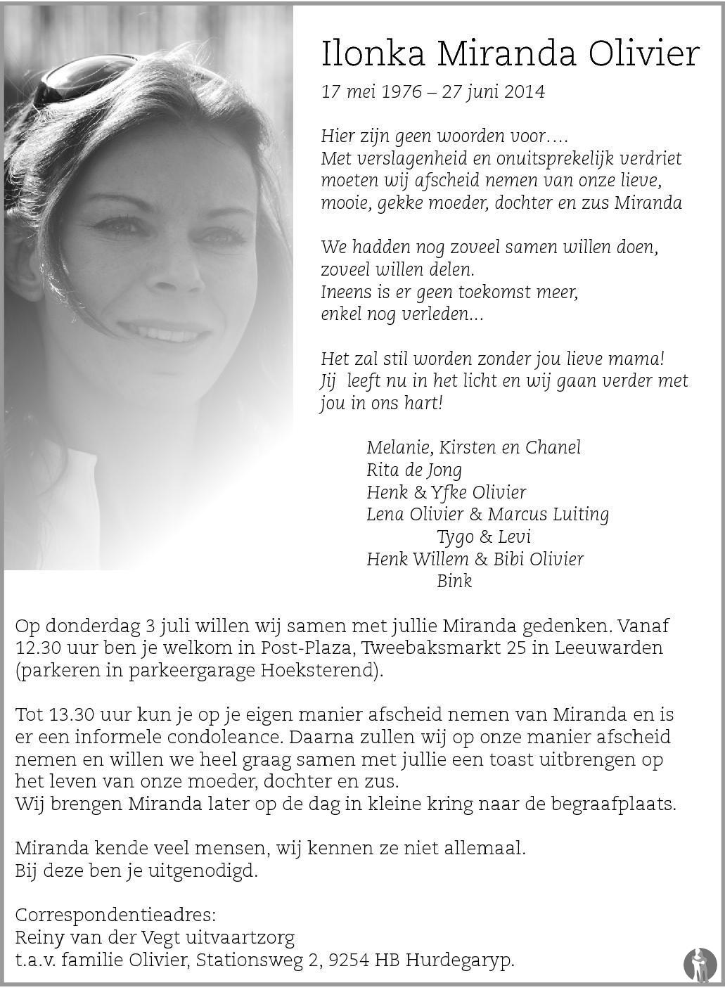 IIonka Miranda Olivier 27-06-2014 Overlijdensbericht En Condoleances ...