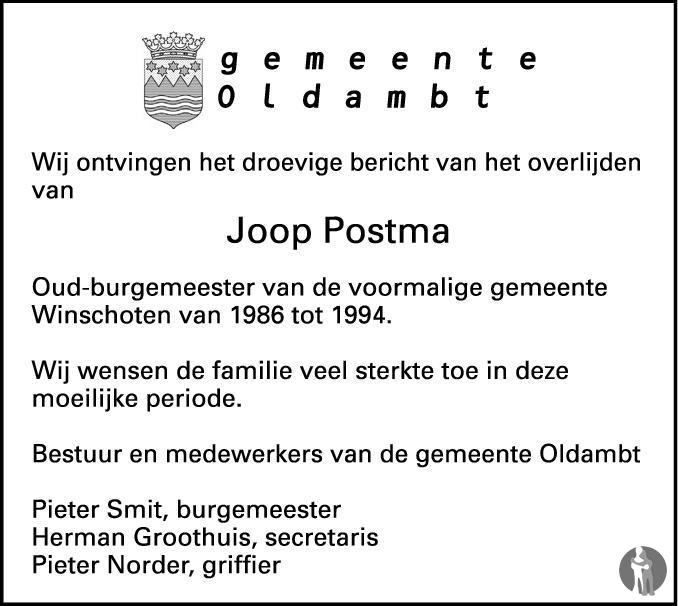 Jacob Postma Jacob Johan Postma 27-07-2014 overlijdensbericht en condoleances ...
