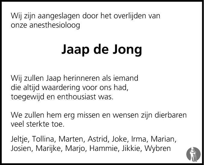 Overlijdensbericht van Jaap Bernard de Jong in Leeuwarder Courant