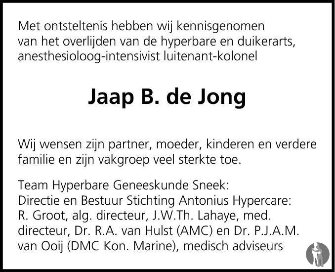 Overlijdensbericht van Jaap Bernard de Jong in Zuidwest-Friesland Combinatie