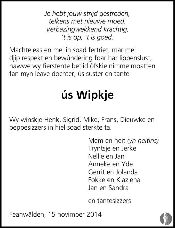Overlijdensbericht van Wipkje Elzinga - Bloemhof in Leeuwarder Courant