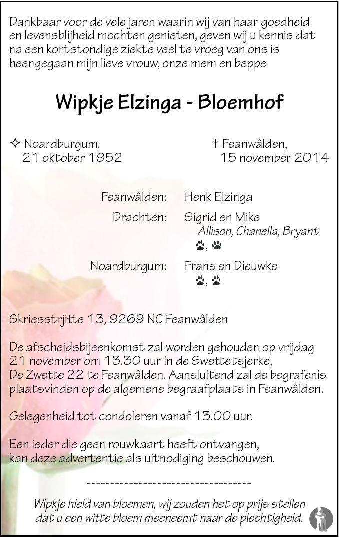Overlijdensbericht van Wipkje Elzinga - Bloemhof in Leeuwarder Courant