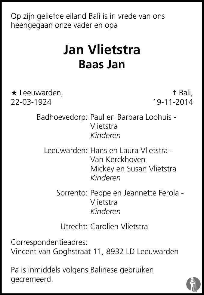 Jan (Baas Jan) Vlietstra 19-11-2014 overlijdensbericht en condoleances ...