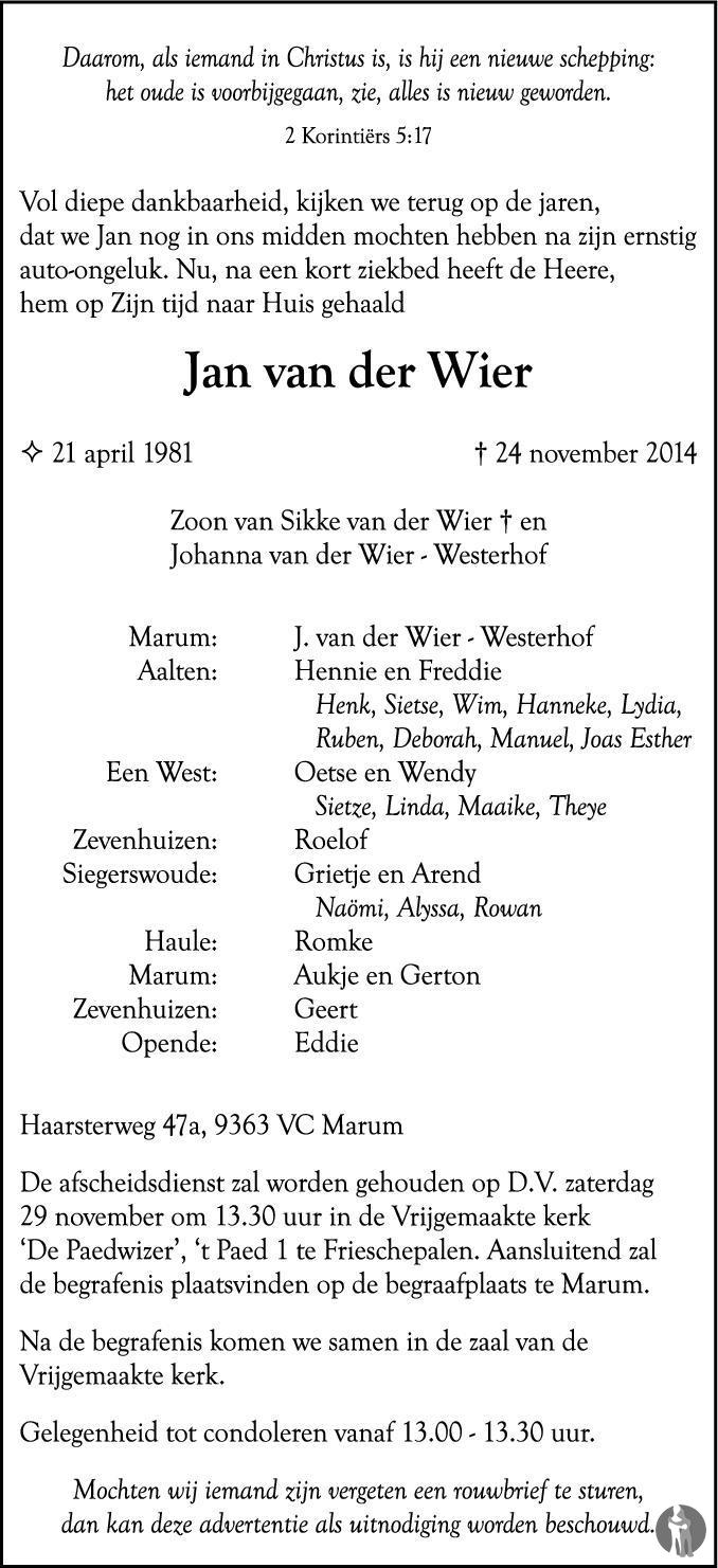 Jan van der Wier 24112014 overlijdensbericht en condoleances