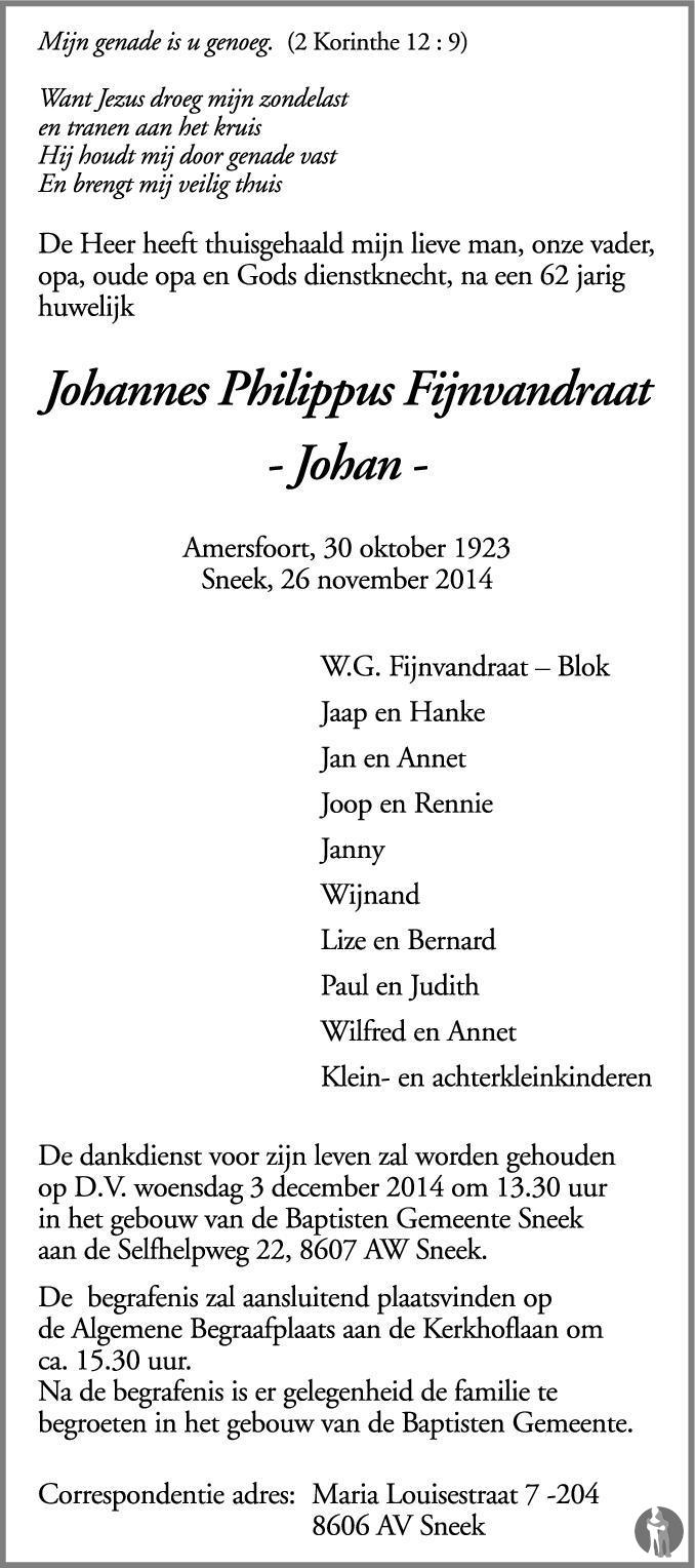 Overlijdensbericht van Johannes Philippus (Johan) Fijnvandraat in Friesch Dagblad